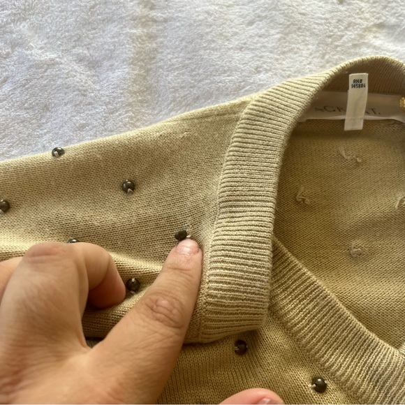 THE GREAT. Neutral Studded Polka Dot V-Neck Cozy Sweater - Picture 9 of 9